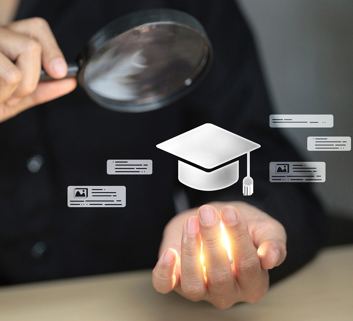 Magnifying glass examining digital graduation cap